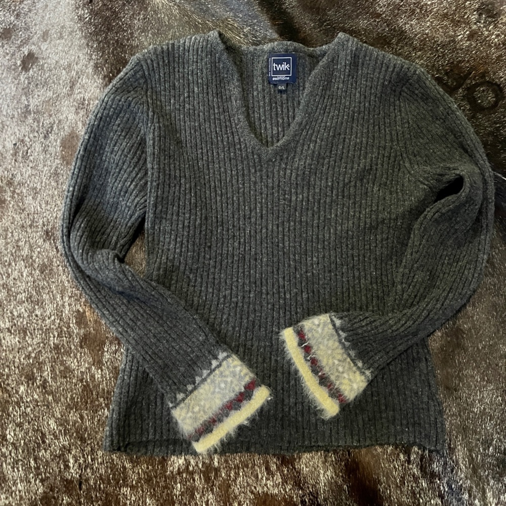 Twik Charcoal V-Neck Sweater with Patterned Cuffs